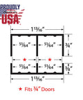 Diagram of Three Quarters Inch Panel Sliding Door Track Set dimensions, fits 3/4 inch doors, made in USA with measurement details.