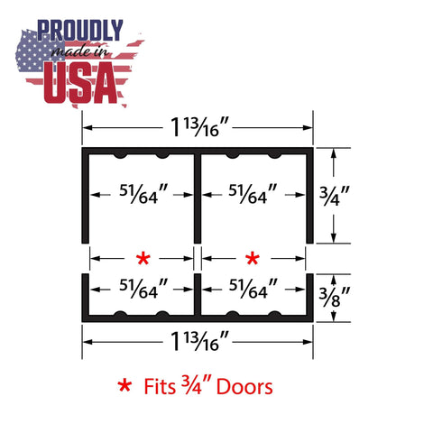 Diagram of Three Quarters Inch Panel Sliding Door Track Set dimensions, fits 3/4 inch doors, made in USA with measurement details.
