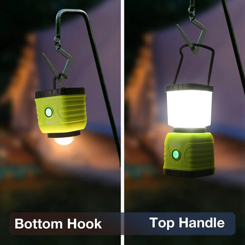 Rechargeable LED Camping Lantern With 3600mAh Power Bank, 4 Light Modes, IPX4 Waterproof, 360 Degree Beam shown hanging outdoors