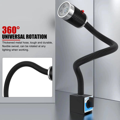 Top Shelf Led Machine Work Light With Heavy Duty Magnetic Base And Flexible Gooseneck Arm Pumping Out Killer Shop Brightness At One Thousand Lumens showing 360° rotation feature.