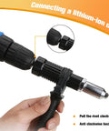 Heavy Duty 3 Piece Pop Rivet Gun Adapter Kit For Cordless Power Drills attached to a lithium-ion drill, showcasing ergonomic grip.
