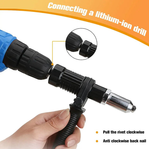 Heavy Duty 3 Piece Pop Rivet Gun Adapter Kit For Cordless Power Drills attached to a lithium-ion drill, showcasing ergonomic grip.