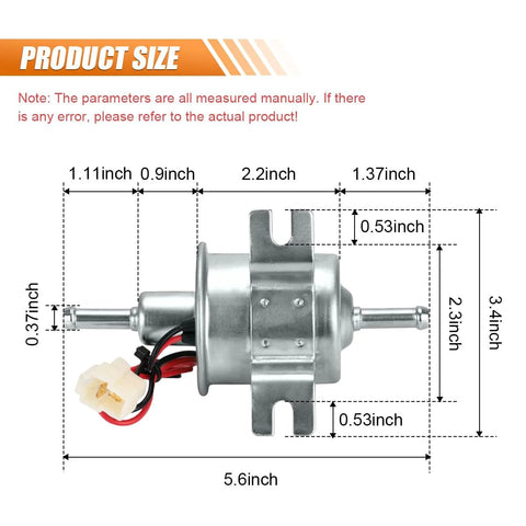 Dimensions of 12 Volt Inline Fuel Pump For Gas And Diesel Engines, 3 To 6 PSI, 80 To 100 Liters Per Hour, with wiring and connectors.