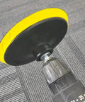 Heavy Duty 5/8 11 Male Thread To 1/4 Hex Shank Drill Adapter Pair, black drill with yellow backing plate for rotary grinders.