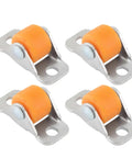 Four 16 Piece Silent Furniture Casters With Buttery Smooth Rollers in yellow rubber and silver metal for shelves and tables.