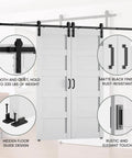 Solid Wood Paneled Double Sliding Barn Door System With Hardware Kit Set Includes Two Forty Inch Doors for space saving use.
