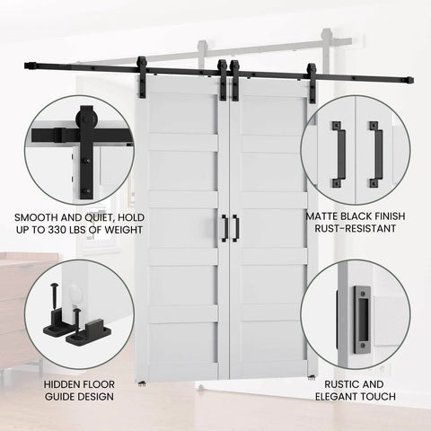 Solid Wood Paneled Double Sliding Barn Door System With Hardware Kit Set Includes Two Forty Inch Doors for space saving use.