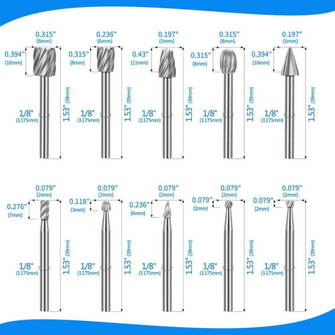 Carving bits set with 20 HSS burrs, 1/8" shank, for wood engraving and DIY woodworking