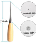 Heavy Duty Pro Grade Two Pack Alloy Steel Tapered Awls With Sturdy Wood Handles Tough Punching Tools Sick For Leatherwork Canvas Sewing And Weekend DIY Grinds Knockout Quality Fixups showing 4.73 inch awl with hole sizes.