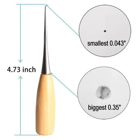 Heavy Duty Pro Grade Two Pack Alloy Steel Tapered Awls With Sturdy Wood Handles Tough Punching Tools Sick For Leatherwork Canvas Sewing And Weekend DIY Grinds Knockout Quality Fixups showing 4.73 inch awl with hole sizes.