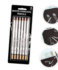 Six Pack White Sketching Pencils For Drawing And Shading Great For Beginners And Artists White Charcoal Pencils For Illustration Journaling Blending And Texturing With Smooth Color Laydown in black packaging with sketch examples
