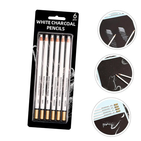 Six Pack White Sketching Pencils For Drawing And Shading Great For Beginners And Artists White Charcoal Pencils For Illustration Journaling Blending And Texturing With Smooth Color Laydown in black packaging with sketch examples