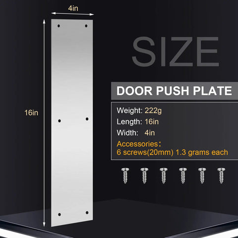 Heavy Hitter 14 Pack Stainless Steel Door Kick Plates 16 X 4 Inch Brushed Metal Push Protectors With Included Screws Bulk Crate shown with dimensions.
