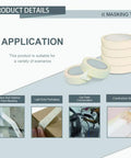 Product details showing multiple uses for Easy Tear White Masking Tape For Decorating And Painting 0.7 Inch By 55 Yard Multi Purpose Craft Art