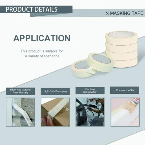 Product details showing multiple uses for Easy Tear White Masking Tape For Decorating And Painting 0.7 Inch By 55 Yard Multi Purpose Craft Art