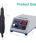 High Speed 35K RPM Micro Polisher With Technician Handle and control box dimensions for lab jewelry ceramics and woodworking.