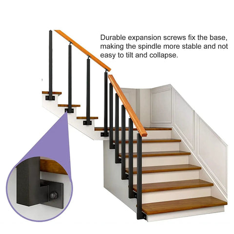 Heavy Duty Black Wrought Iron Railing Columns Featuring Adjustable 270 Degree Swivel Mounting For Outdoor Deck Stairs And Patio Walkway Projects Built Tough Side Installed Balusters with sturdy base fixing.