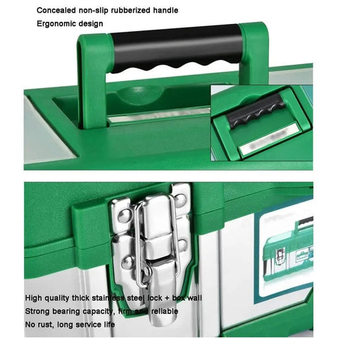 Close-up of green and silver Portable Stainless Steel Toolbox With Double Layer Design, Organizer Tray And Lock, heavy-duty handle and latch.
