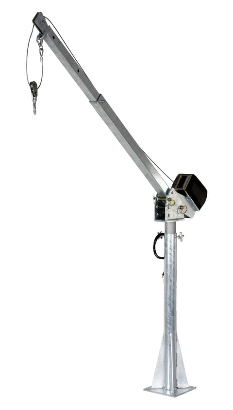 Heavy Duty AC Powered Jib Crane With Telescoping Boom, 2000 Lb Lift Capacity, galvanized steel structure and smooth winch design.