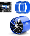 Turbocharged Turbonator Air Intake Fan For Cars And Trucks, 2.5 To 3.0 Inch Universal Fit, shown in blue with installation view.