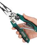 Heavy Duty Multifunction Wire Stripper And Electrical Crimper With Voltage Meter held in hand showcasing ergonomic rubber handles.