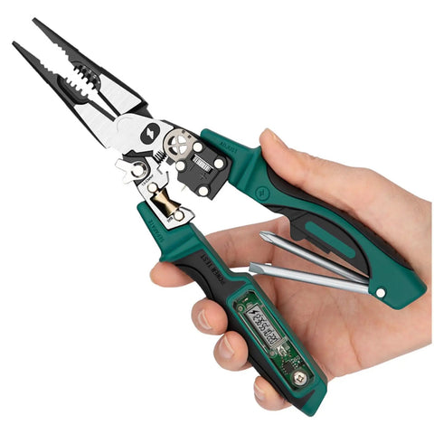Heavy Duty Multifunction Wire Stripper And Electrical Crimper With Voltage Meter held in hand showcasing ergonomic rubber handles.