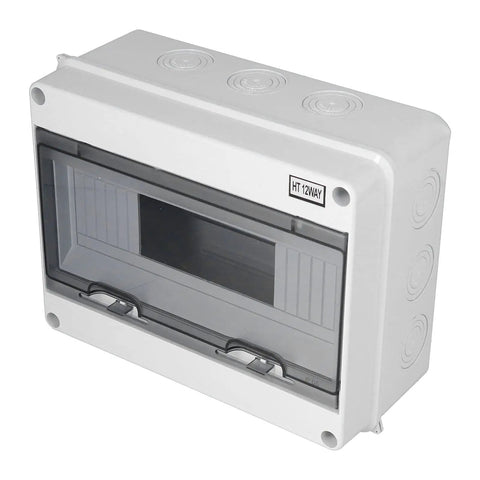 Front view of IP65 Waterproof Distribution Box with transparent ABS cover, rugged electrical enclosure for control panels and industrial factories.