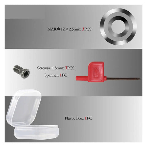 Round 12mm Carbide Inserts For Lathe Turning Negative Rake Cutters 3 Pack with screws, spanner, and plastic box visible