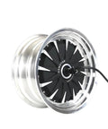 Badass High Output 3000W 72V Bldc In Wheel Hub Motor For Electric Motorcycle Delivering Ripping 80Kph Cruising Speed And Beasty Low End Grit With 235 30 12 Rim Package, close-up of black and silver wheel design.