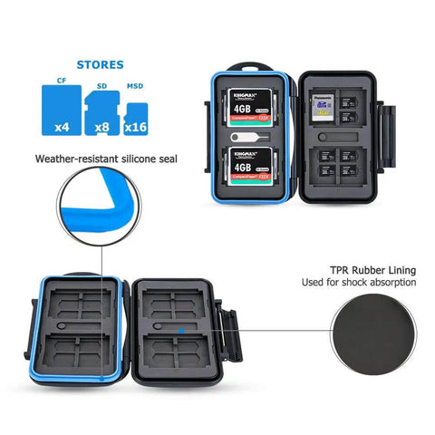Heavy Duty Memory Card Case Organizer holding 4 CFast, 8 SD, and 16 microSD cards with weather-resistant silicone seal.