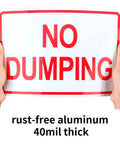 Heavy Duty Aluminum No Dumping Signs Two Pack shut down illegal dumpers, 10 x 7 inch rust-free sign held up, 40mil thick.