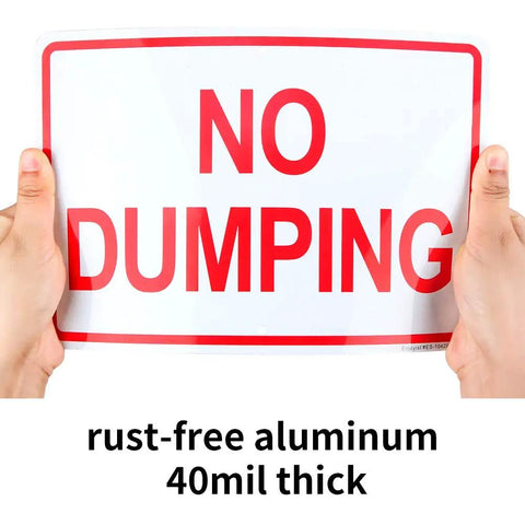 Heavy Duty Aluminum No Dumping Signs Two Pack shut down illegal dumpers, 10 x 7 inch rust-free sign held up, 40mil thick.