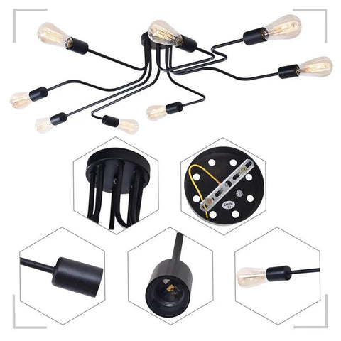 Eight Light Sputnik Ceiling Fixture In Matte Black Cool Industrial Chandelier Semi Flush Mount close-up detail