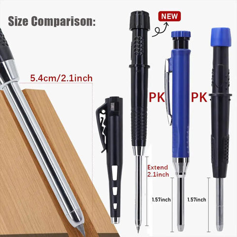 Deep Hole Marking Carpenter Pencil Set With 55mm Long Nose Three Woodworking Pencils And 24 Refills Protective Cap, side view