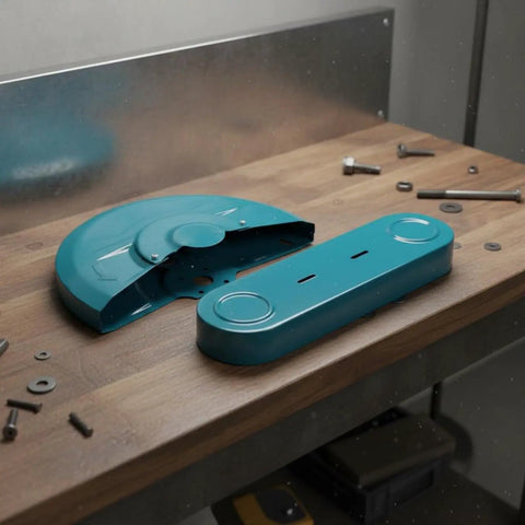 Beefy Heavy-Duty Steel Cutting Grinder Guard With Thickened Shield on a workbench, components visible