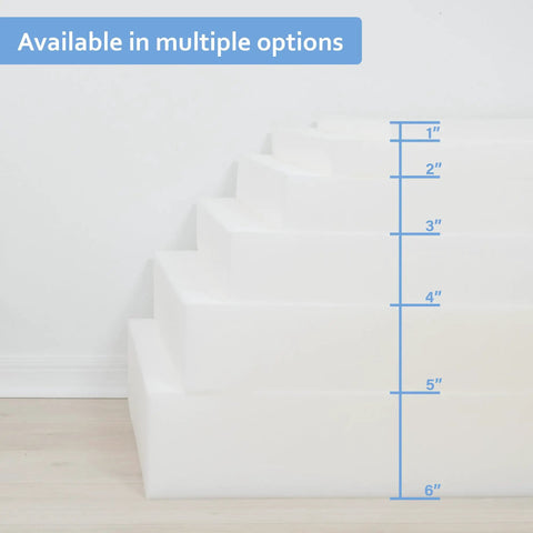 Side view of various thicknesses of 2 Inch Thick Upholstery Foam Cushion 24 Inch Wide by 72 Inch Long 43ILD Firm Made in USA CertiPUR Certified Density 1.8