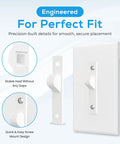 4 Pack White Toggle Switch Guard Covers That Screw On To Lock Your Switches In Place For Kid Safety And Appliance Protection Universal Fit No Fuss Setup shown in detail with wall mount.