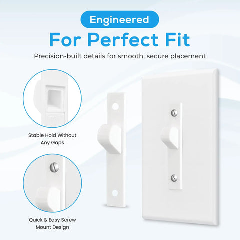 4 Pack White Toggle Switch Guard Covers That Screw On To Lock Your Switches In Place For Kid Safety And Appliance Protection Universal Fit No Fuss Setup shown in detail with wall mount.