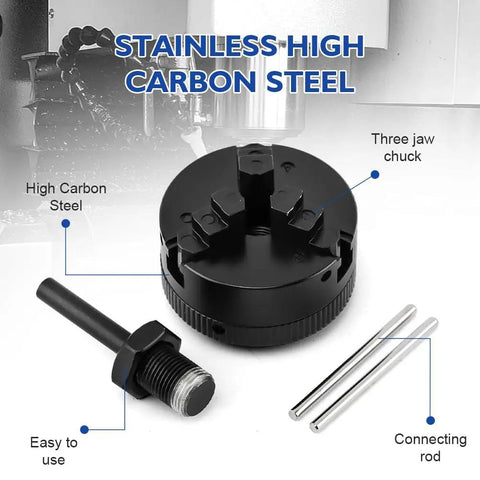 Top Shelf Mini Lathe Chuck Set With 3 Jaw Hella Tight Self Centering Extension And Connecting Rod Kit High Carbon Steel Electric Drill Adaptor Black Finish, showing a 3 jaw chuck and connecting rods.