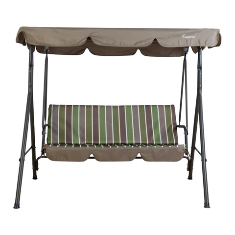 Three Seat Outdoor Patio Swing With Adjustable Canopy Heavy Duty Steel Frame Weather Resistant Build Removable Cushions For Porch Patio Garden Or Poolside Lime Stripe Lounge Setup front view