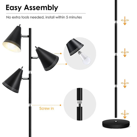 Triple Head Floor Lamp With 9W LED Bulbs, Three Color Temperature Settings, adjustable metal lamp shades, assembly instructions