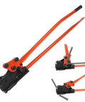 Heavy Duty Rebar Bender And Cutter Tool, 2 In 1 Metal Bending Device showing red handles and black base for steel rods.