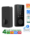 Slick Multi Language Smart Fingerprint Deadbolt Lock With Effortless Tuya App Pairing features keypad and key access.