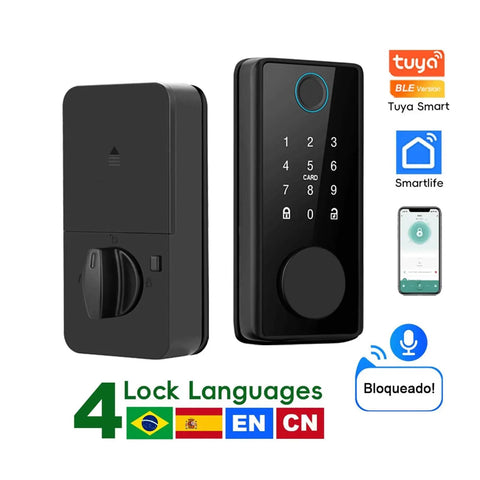 Slick Multi Language Smart Fingerprint Deadbolt Lock With Effortless Tuya App Pairing features keypad and key access.