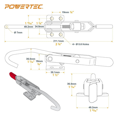 Technical diagram of Two Pack J Hook Toggle Clamp With 451 Pull Action And 375 Lb Holding Capacity Heavy Duty Clamp