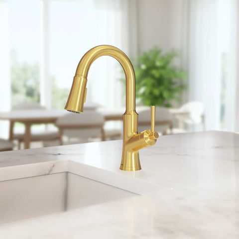 hansgrohe Joleena Pull Down Kitchen Faucet, Transitional, Magnetic Hand Sprayer, 1-Handle, 1.75 GPM, Brushed Gold Optic, close-up view on countertop.