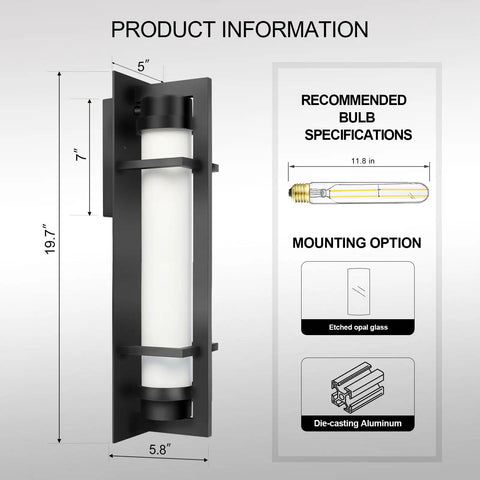 Product information for modern large outdoor sconce lights 20 inch high matte black exterior wall light waterproof outdoor lighting for house entryway garage E26 base etched opal glass.