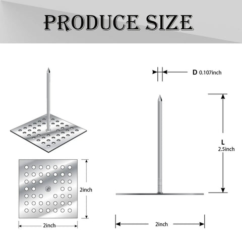 Top Shelf Insulation Pins With Self Locking Washers And Aluminum Dome Caps For Foam Board Wall Ceiling measuring 2 inches wide and 2.5 inches long.
