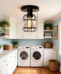 Crystal Cage Flush Mount Ceiling Light With Adjustable Pull Chain Dope Industrial Black Metal Round Edison E26 3 Light Fixture in laundry room