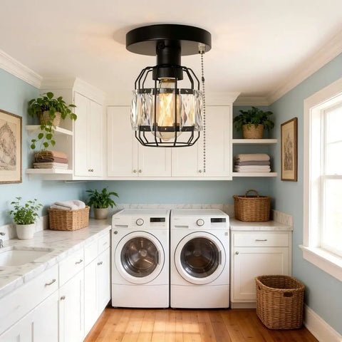 Crystal Cage Flush Mount Ceiling Light With Adjustable Pull Chain Dope Industrial Black Metal Round Edison E26 3 Light Fixture in laundry room